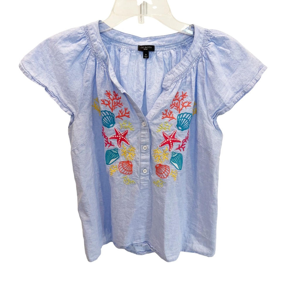 Talbots Blue Embroidered Coastal Shells Linen Cotton Top Summer Sz Small Petite